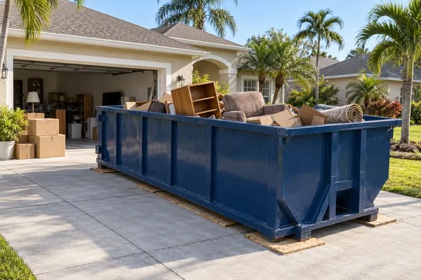 Blue roll-off dumpster with household furniture and boxes on a driveway beside an open residential garage.